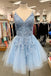 chic a-line light blue tulle homecoming dress with lace appliques dth08
