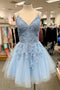 Chic A-line Light Blue Tulle Homecoming Dress With Lace Appliques,