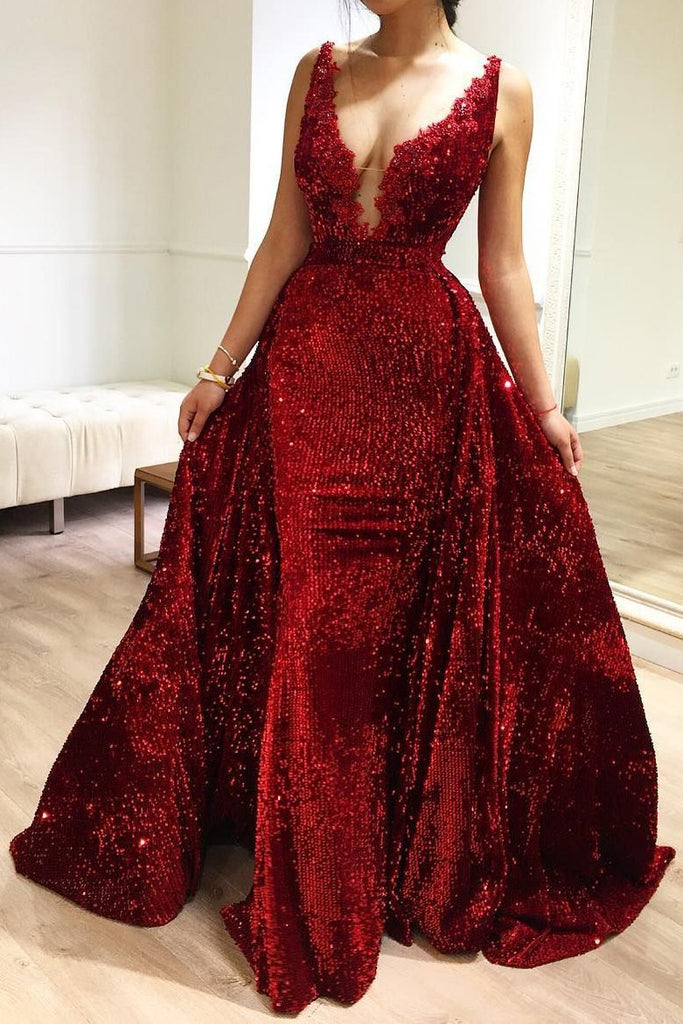 pageant dress with detachable train 2 in 1 v-neck mermaid burgundy prom dress dtp777