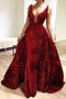 2 In 1 V-neck Mermaid Burgundy Prom Dress, Pageant Dress with Detachable Train