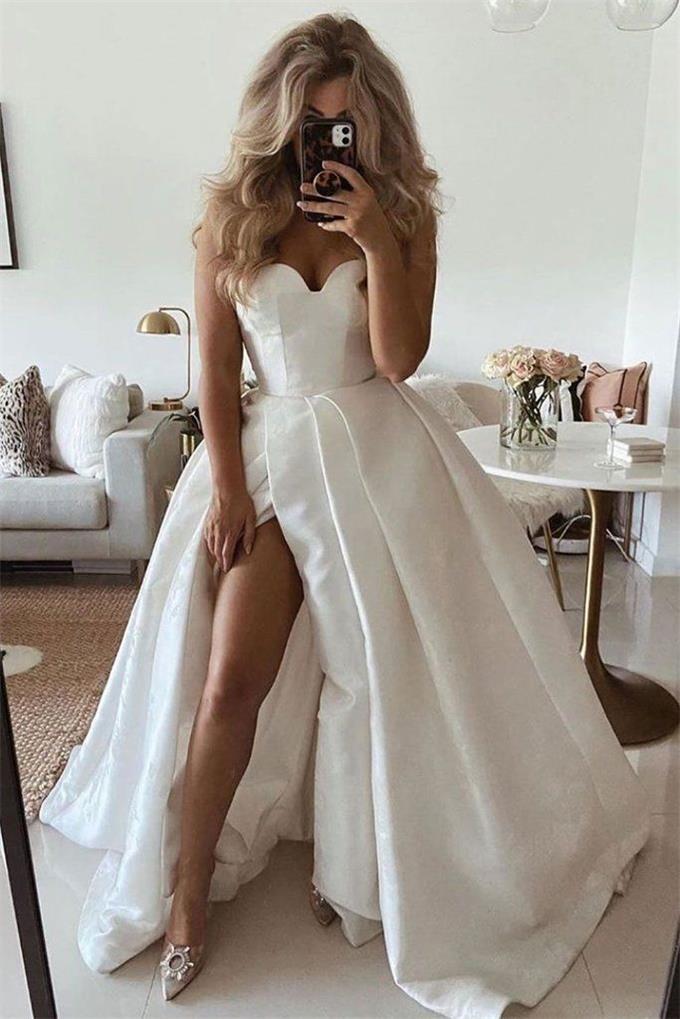 simple wedding dress sweetheart white satin long prom dress with split dtw47