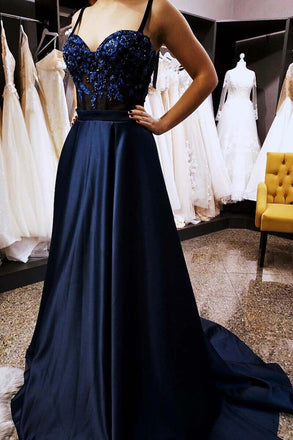 gorgeous dark blue long prom dresses appliques spaghetti formal gown dtp570