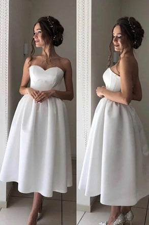 sweetheart simple bridal dress ivory satin tea-length wedding dress dtw51
