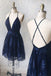 navy short party dress navy blue backless homecoming dress with appliques dth33