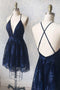 Navy Blue Backless Homecoming Dress with Appliques, Navy Short Party Dress