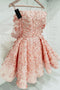 Strapless 3D Appliques Short Homecoming Dresses, Pink Lace Short Sweet 16 Gowns