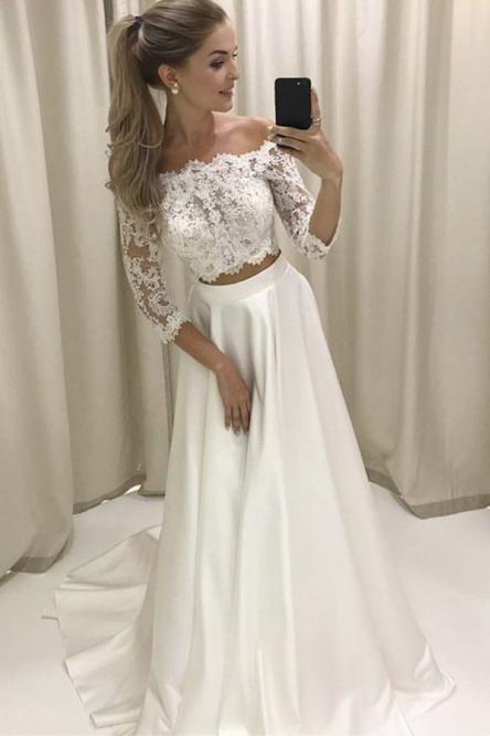 3/4 sleeves two piece off-the-shoulder lace satin wedding dress dtw152