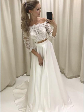 3/4 Sleeves Two Piece Off-the-Shoulder Lace Satin Wedding Dress