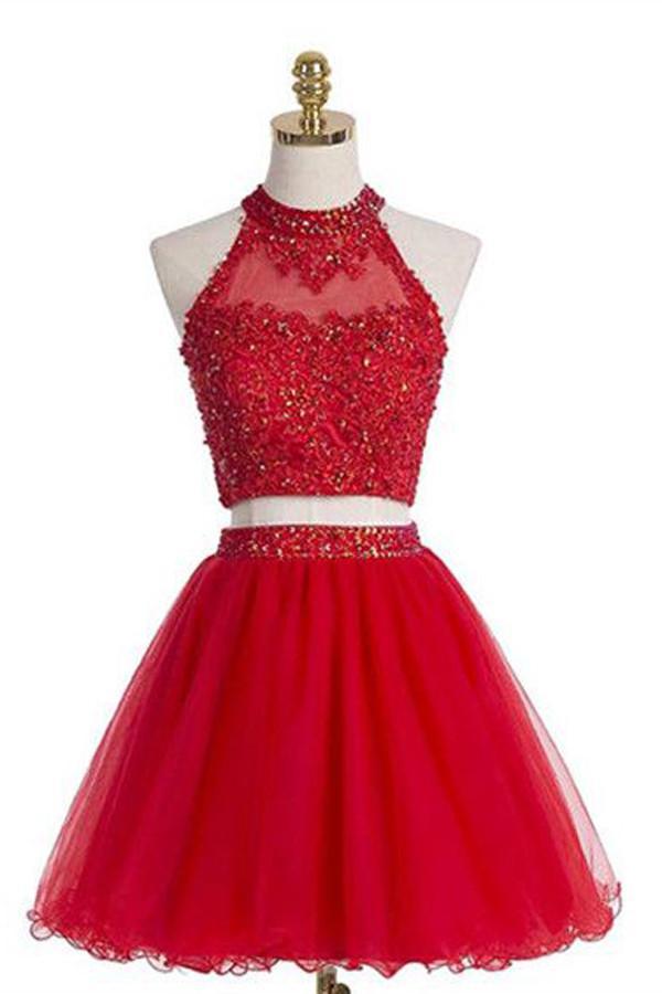 two pieces halter red sleeveless tulle homecoming dress dth100