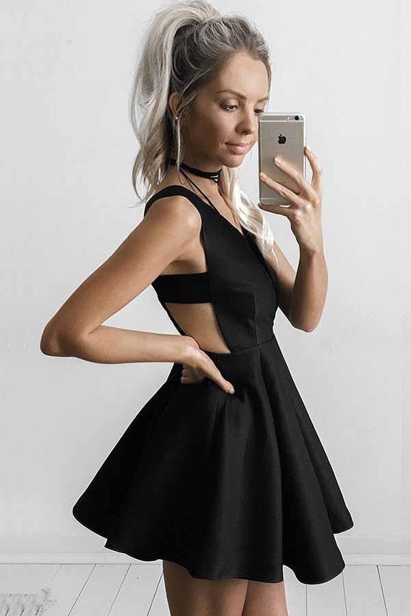 Sexy Deep V-neck Black Short Homecoming Party Dress with Cut-out Side