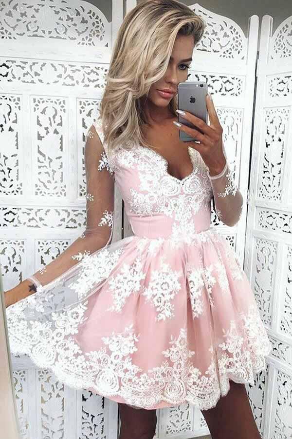 modest long sleeves blush lace appliques sweet 16 homecoming dresses dth402