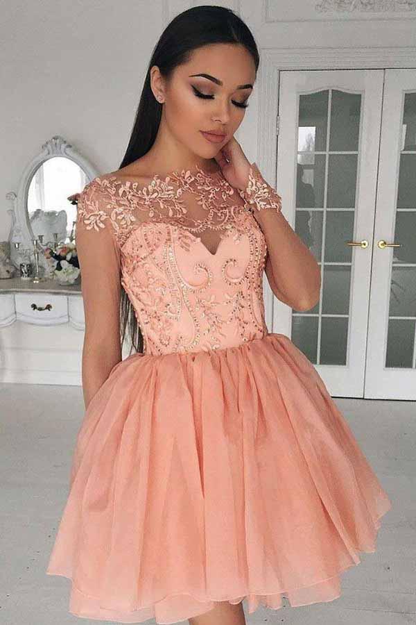 illusion neckline applique peach chiffon short homecoming dresses dth401