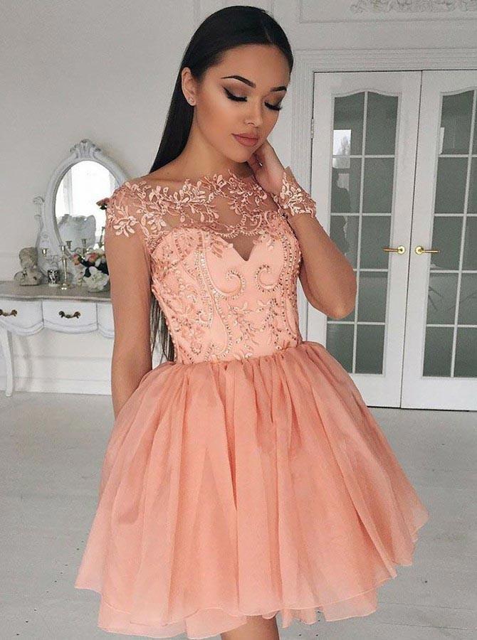Illusion Neckline Applique Peach Chiffon Short Homecoming Dresses DTH401 DressTok.co.uk Illusion Neckline Applique Peach Chiffon Short Homecoming Dresses DTH401 DressTok.co.uk