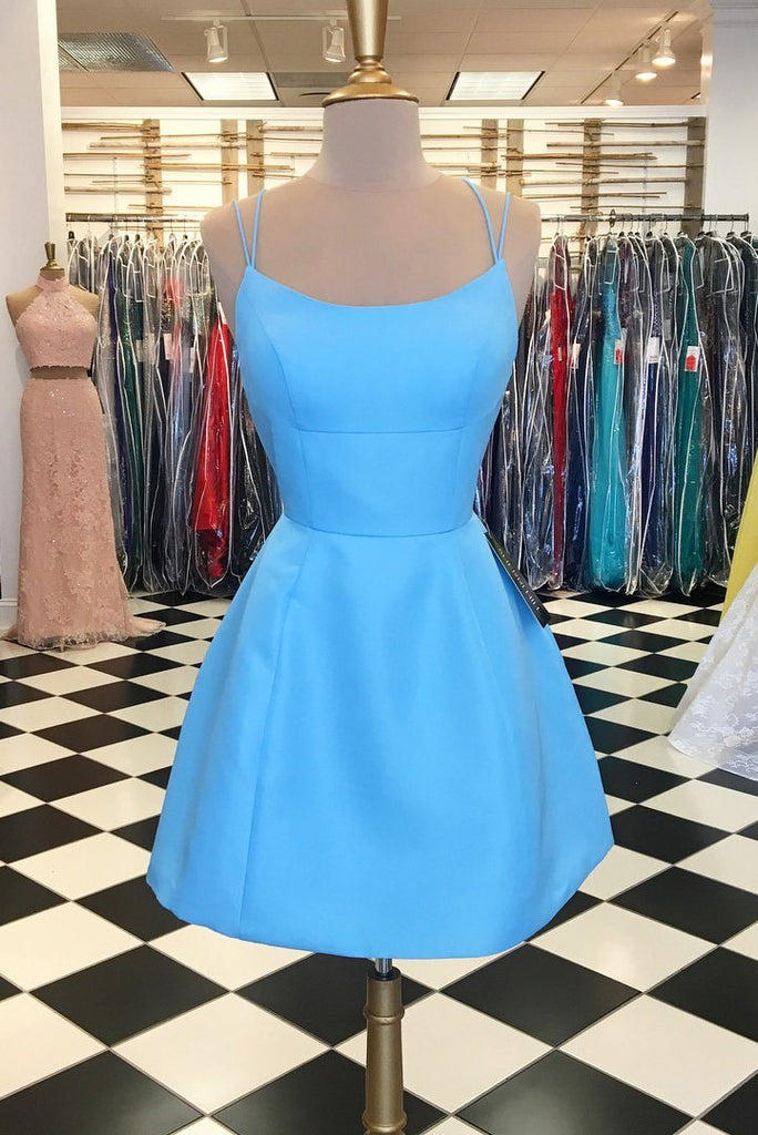 Spaghetti Straps Short Pink Backless Homecoming Dress with Pockets