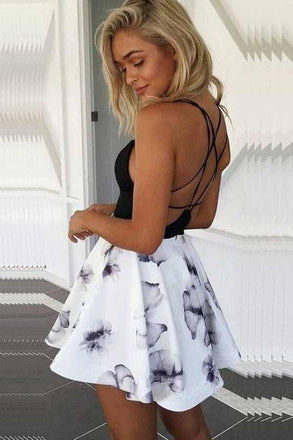 A-line Black Short Prom Homecoming Dresses with Floral Print Skirt