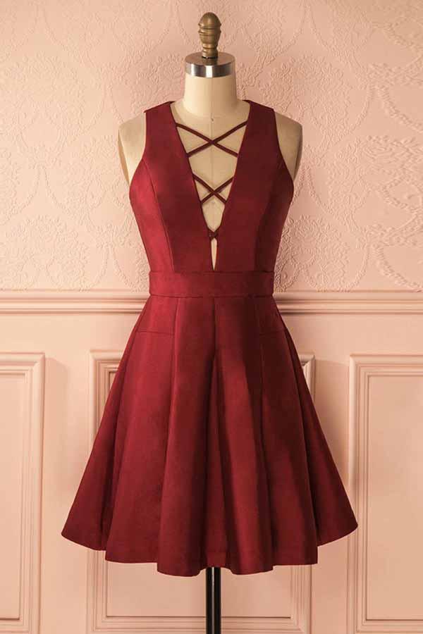 A-Line V-Neck Lace-Up Front Short Burgundy Homecoming Dresses