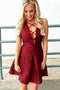 A-Line V-Neck Lace-Up Front Short Burgundy Homecoming Dresses