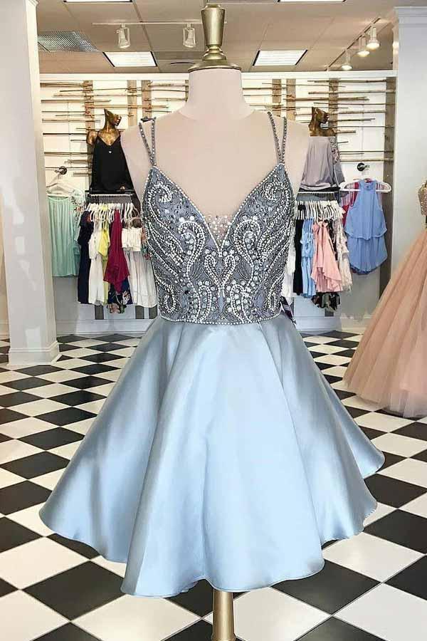 v-neck beading bodice spaghetti light blue short homecoming dress with pockets dth408