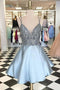 V-neck Beading Bodice Spaghetti Light Blue Short Homecoming Dress with Pockets