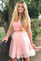 Cap Sleeves Two Piece V-neck Coral Lace Homecoming Dress With Beaded
