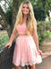Cap Sleeves Two Piece V-neck Coral Lace Homecoming Dress With Beaded