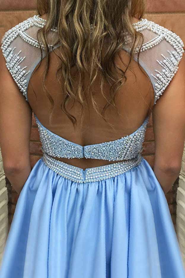 Blue Open Back Homecoming Dress with Pocket, Beading Bodice Short Prom Dresses