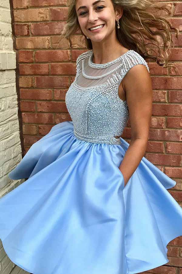 beading bodice short prom dresses blue open back homecoming dress with pocket dth410