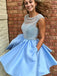 Blue Open Back Homecoming Dress with Pocket, Beading Bodice Short Prom Dresses