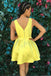 Simple Yellow V-neck Satin Pleat Short Prom Homecoming Dress
