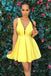 simple yellow v-neck satin pleat short prom homecoming dress dth411