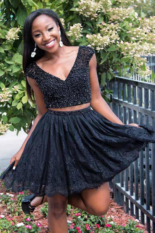 black v-neck two piece beading bodice homecoming dress with lace skirt dth412