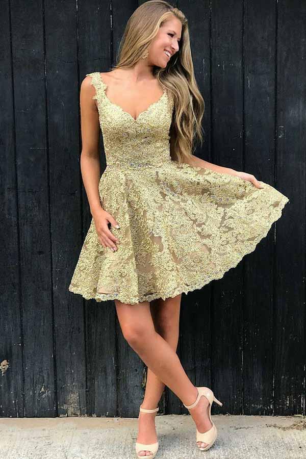 A-line V-neck Short Prom Dresses Lace Beading Homecoming Dresses