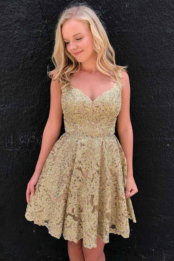 a-line v-neck short prom dresses lace beading homecoming dresses dth413