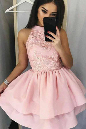 pink high neckline appliques short homecoming dress with layered skirt dth417