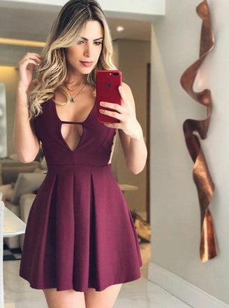 Elegant Purple Fit & Flare Cut-out Pleat Satin Homecoming Party Dress