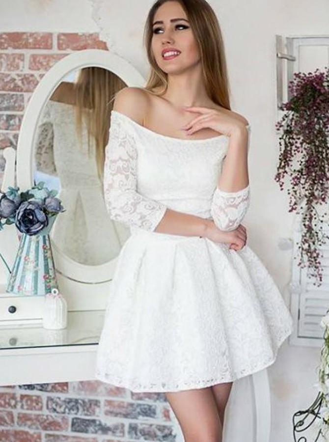 A-Line Off-the-Shoulder 3/4 Sleeves Lace Homecoming Dress