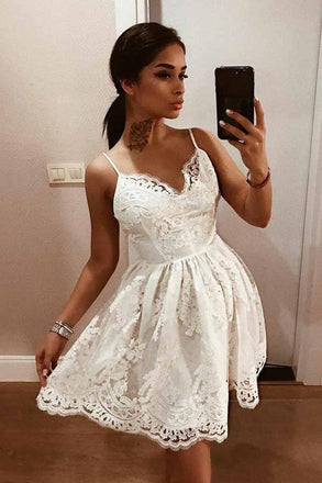 a-line v-neck lace appliques spaghetti backless short party dress dth419