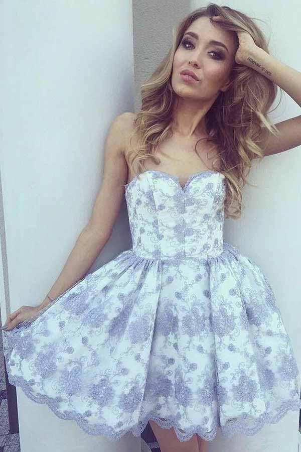sweetheart lace appliques short prom party dress with pleats dth418