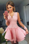 A-line V-neck Lace Long Sleeves Pink Layered Prom Homecoming Dresses