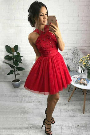 cute red sweet 15 dress a-line cross neck beading homecoming dress dth423