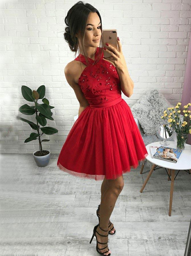 Cute Red Sweet 15 Dress A-line Cross Neck Beading Homecoming Dress