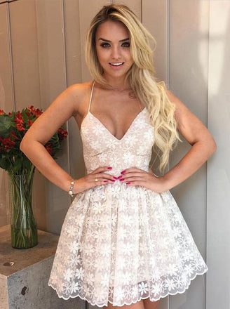 Fit Spaghetti-straps V-neck Lace Short Prom Homecoming Dress