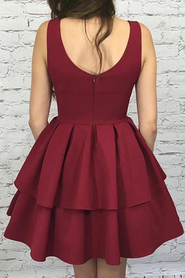 A line V-neck Burgundy Short Graduation Party Dress With Pleat Tiered