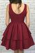 A line V-neck Burgundy Short Graduation Party Dress With Pleat Tiered