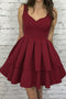 A line V-neck Burgundy Short Graduation Party Dress With Pleat Tiered