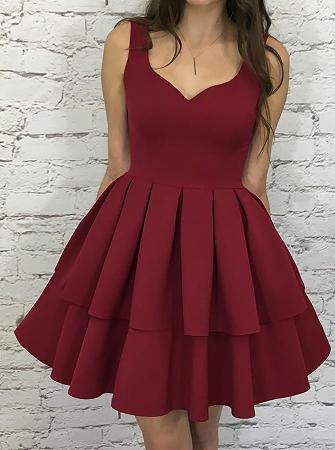 A line V-neck Burgundy Short Graduation Party Dress With Pleat Tiered