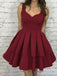 A line V-neck Burgundy Short Graduation Party Dress With Pleat Tiered