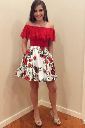 ruffles off the shoulder floral print homecoming party dress with pockets dth427