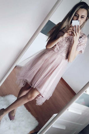 short sleeves embroidered bodice short graduation dresses dth428