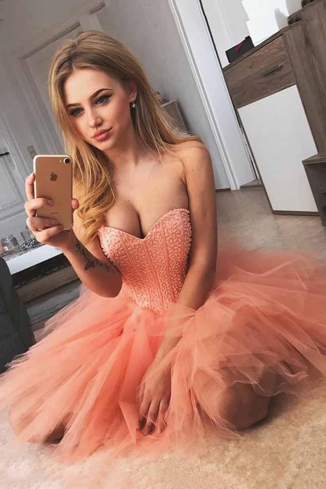 chic coral sweetheart tulle short prom dress beading party dress dth430